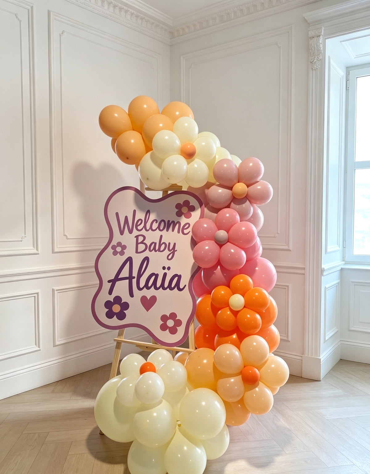 Hospital or Home Customize Welcome Board with Balloon Purple Orange Pink Yellow Flower Themed Customization Baby Shower Welcome Baby