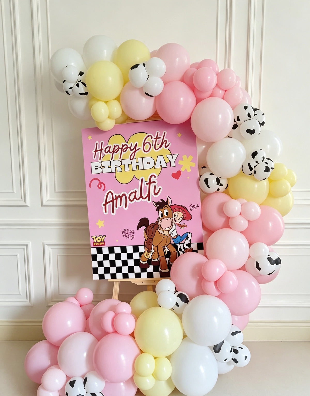 Customizable Board Design with Wooden Stand Welcome Board with Balloons White Yellow Pink Cow Printed Toy Story Jessie Theme