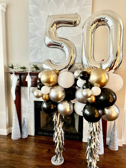 Balloon White, Gold, Black and Silver with Number Balloon '50' on Top Pillar/Column/Tower - Birthday, Corporate Event, Grand Opening, Company Event Perfect for special occasion!