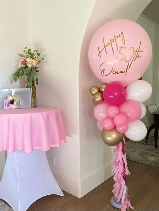 Personalised Pillar/Column/Tower Balloons White, Pink and Light Gold with Customize Sticker and Tassels - Birthday, Corporate Event, Grand Opening, Company Event Perfect for special occasion!