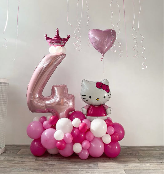 Platform Pink Number '4' with Latex Pink and White with Hello Kitty, Crown Foil accents and Helium Heart - Perfect for special occasions!