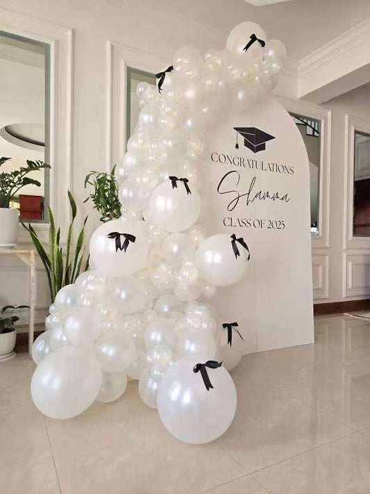 Customizable Printed Backdrop with Balloon Pearl White & Black Ribbon Garland - Customizable Design, Perfect for any occasions!