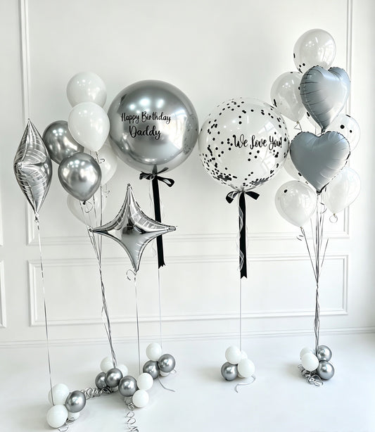Personalised Silver, Clear with White & Silver Confetti Black Ribbons Customize Sticker, Starpoint, Latex Helium Bunch White Silver, White Heart - Perfect for any occasions!