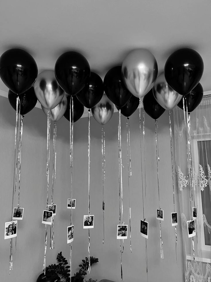Helium Ceiling Latex Black and Silver Balloons with Tassels and Personalize Photos - Customizable Design