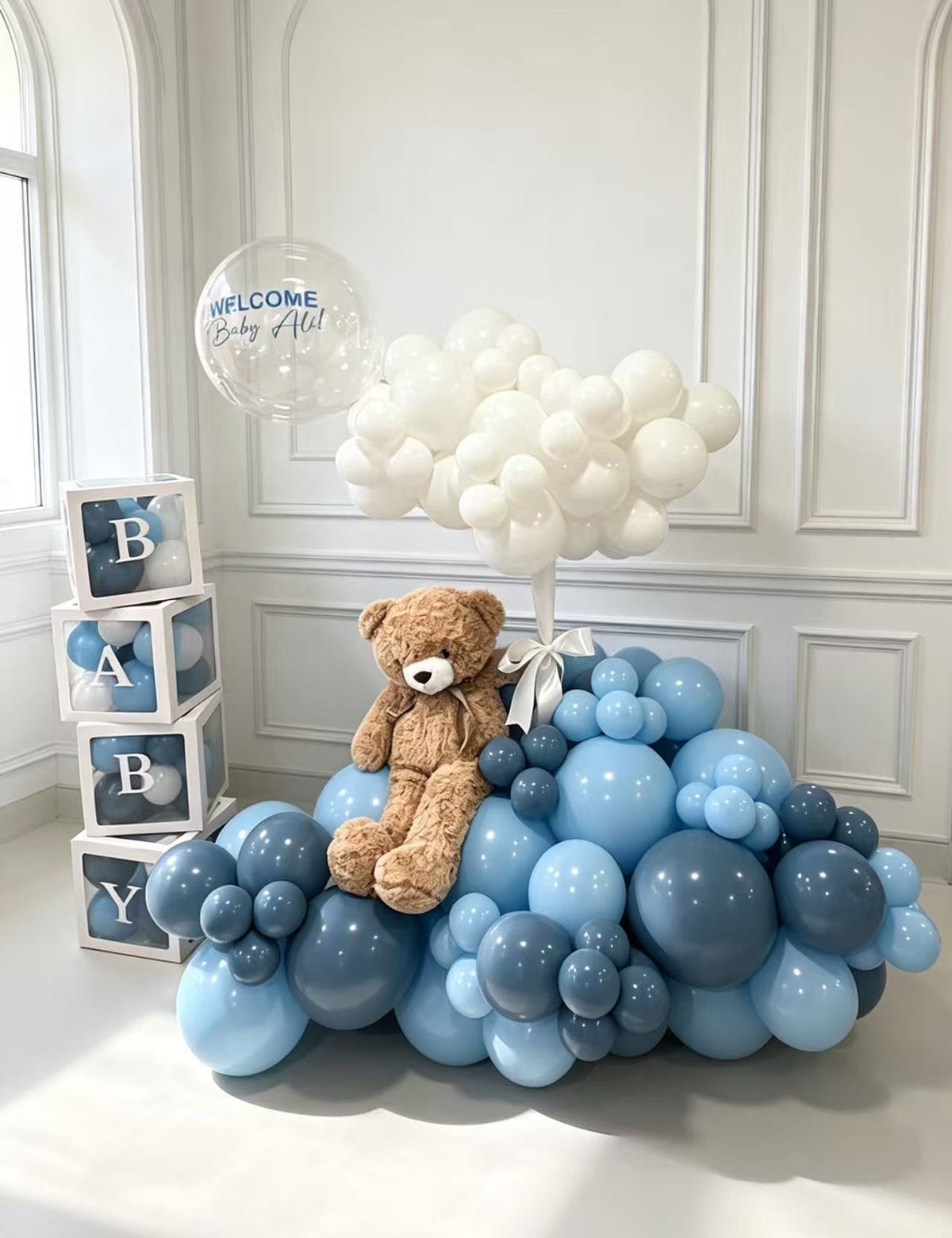 Hospital Welcome Baby, Baby Shower Balloon Blue, White and Clear with Customize Sticker, Teddy Bear and "BABY" Box with Mini Balloons - Perfect for special occasions! (Copy)