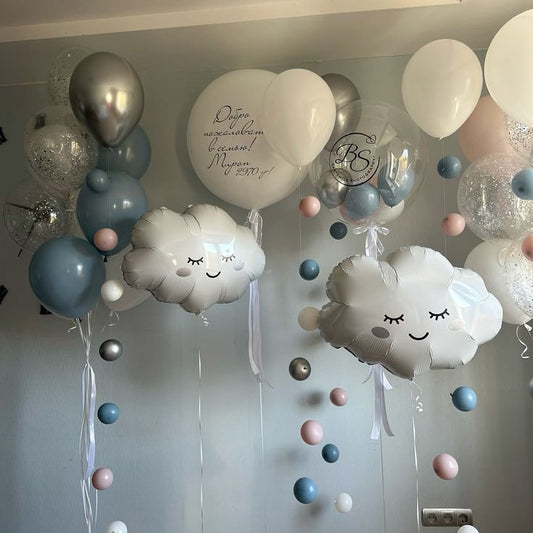 Personalised White Latex with Sticker, Clear with Mini Balloons and Latex Blue Silver, White and Clear with Confetti Balloons Bunch and White Clouds Foil Helium with Mini Balloons accents - Baby Shower, Perfect for special occasions!