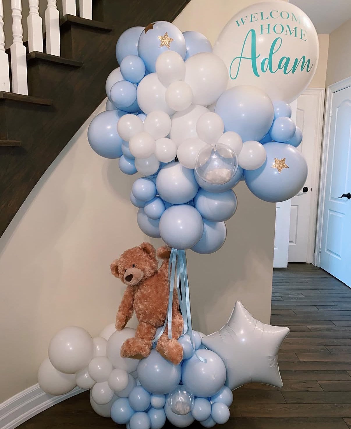 Hospital or Home Welcoming Baby Balloon Teddy Bear with Customize Sticker Balloons White Blue  - Perfect for special occasions Baby Shower Welcome Baby Newborn