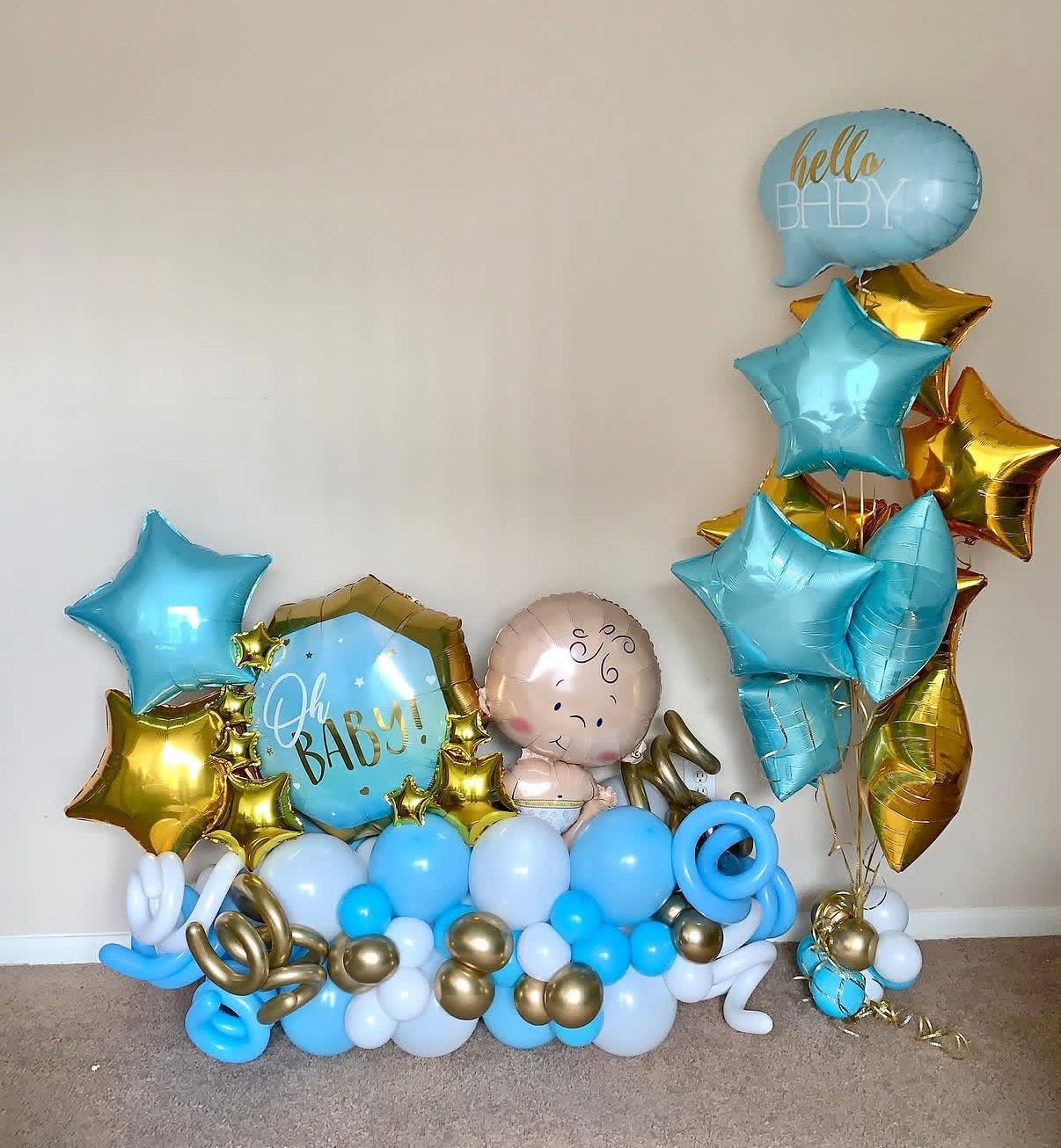 Hospital or Home Welcoming Baby Balloon 'Oh Baby' Platform Balloons White Blue Gold Helium Bunche Stars - Perfect for special occasions Baby Shower Welcome Baby Newborn