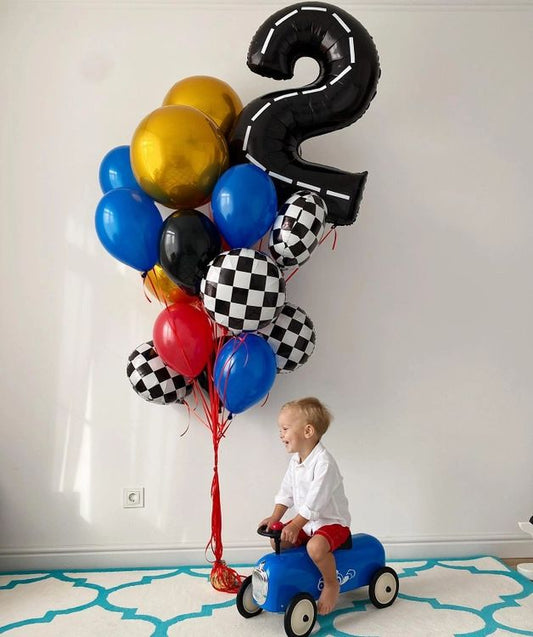 Helium Balloon Single Number Set of Black Number ‘2’ Balloon with Gold Orbs, Circle Checkered, Latex Blue, Black and Red Helium Bunch - Racing Car-Themed Perfect for any Occasions