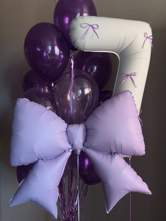 Helium Bunch Purple, Purple Bow Ribbon and Beige Number Balloon '7' - Perfect for any celebrations!