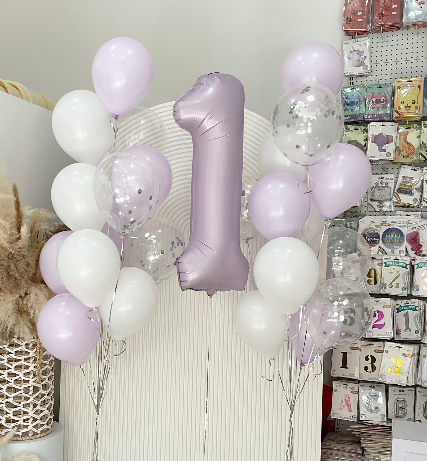Single Number Set Purple ‘1’ with Latex Helium Bunch Purple White Clear with Confetti - Customizable Design