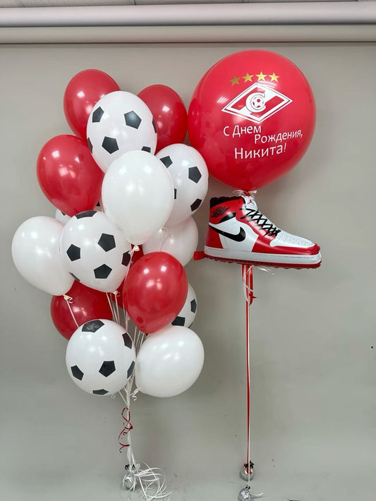Personalised Sticker 36" Red Balloon with Printed Soccer Ball, Red and White Latex Helium Bunch with Shoes Foil - Sports-Themed, Football-Themed Soccer-Themed Perfect for any Occasions!