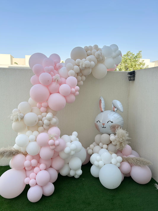 Balloon Chain Garland Beige White Light Pink with Artificial Flower Bunny Theme - Customizable Design