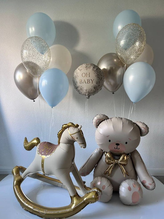 'Oh Baby' Helium Blue White Silver Clear w/ Confetti Bunch Rocking Horse Carousel Teddy Bear Balloon Self Standing Foil Balloon - Baby Shower, Welcoming Baby Perfect for any celebrations!