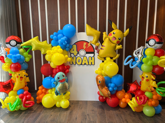 Customizable Board Backdrop with Balloon Yellow, Orange, Blue and Red with Pokemon Characters Foil accents - Pokemon-Themed Perfect for special occasion