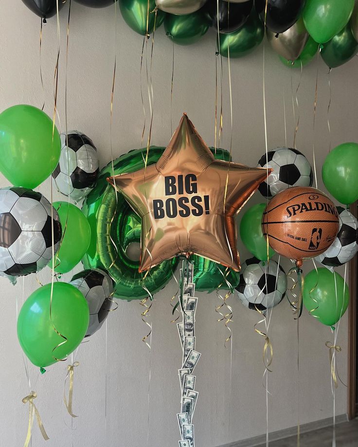 Balloon Two Number Set of Green Number ‘61’ Balloon with Green, Light Gold, Black, Soccer Ball, Basketball Ball Helium Ceiling and Bunch with Customize Star Helium - Sports-Themed, Football-Themed, Soccer-Themed Perfect for any Occasions