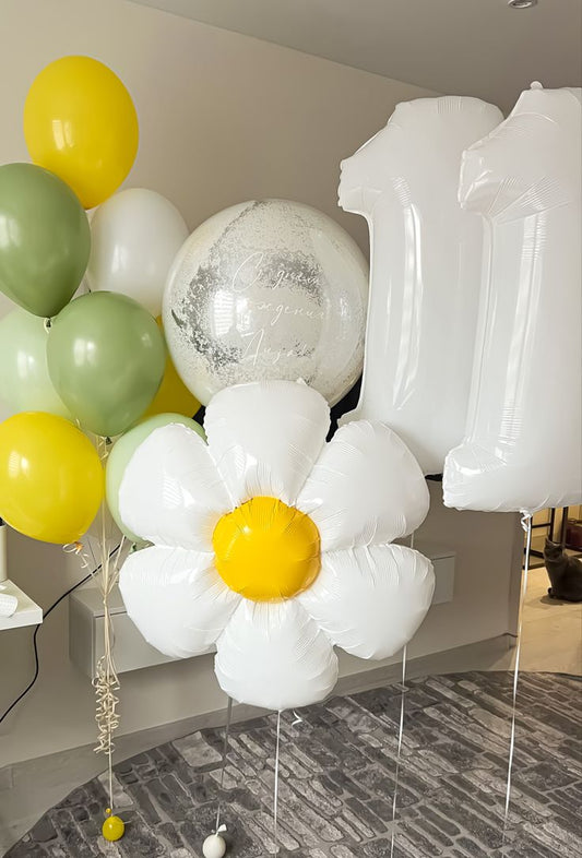 Helium Balloon Two Number Set of White Numbers ‘11’ Balloon with Personalised Clear with White Foam and Customize Sticker and Latex Helium Bunch Green, White and Yellow - Fairy-Themed Garden-Themed Perfect for any Occasions