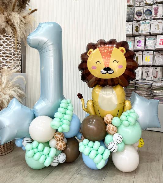 Number Matte Blue Balloon on Stand ‘1’ with Lion, Animal Print, and 260Q Accents – Perfect for Safari and Jungle-Themed Events