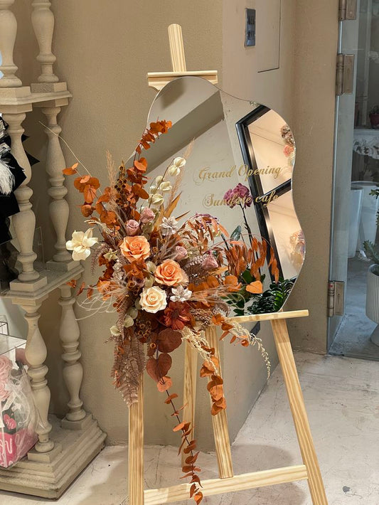 Wooden Stand with Mirror Frame Customizable with Sticker and Artificial Flowers - Perfect for special occasion!