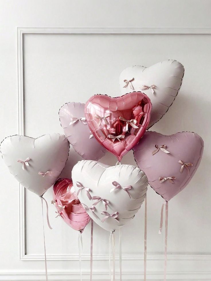 7pcs Pink, Shinny Pink and White Heart-Shaped Helium Foil Balloons with Bow Tie - Valentine's, Anniversary Perfect for special occasions!
