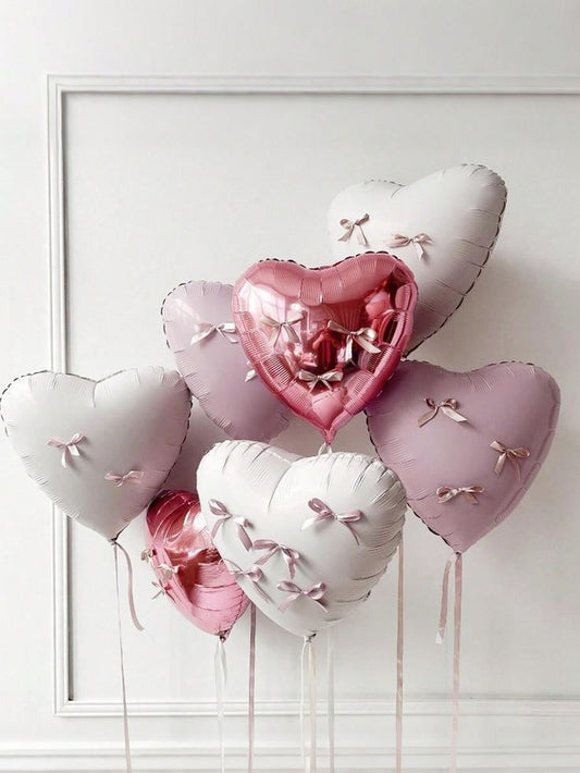 7pcs Pink, Shinny Pink and White Heart-Shaped Helium Foil Balloons with Bow Tie - Valentine's, Anniversary Perfect for special occasions!