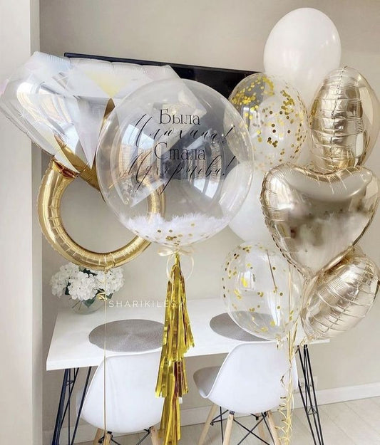 Personalised Clear with Feather and Customize Sticker, Engagement Gold Diamond Ring and Helium Bunch Gold and White Heart-Shaped and Latex - Bridal Shower Perfect for Special Occasions!