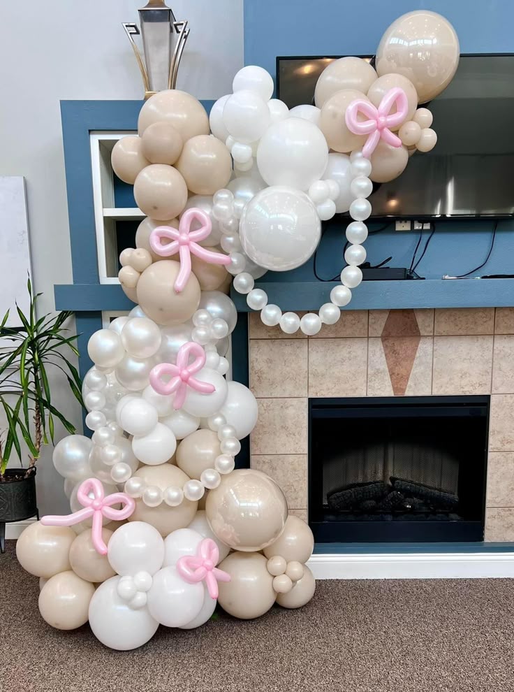 Organic Balloon Chain Arrangement Colors Beige, White and Pearl with 260q Designed Pink Ribbons - Perfect for special occasion