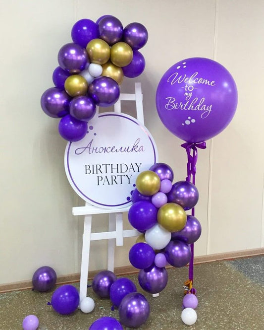 Customizable Round KT Board with Wooden Stand Welcome Board, Organic Balloon Chrome Purple, Purple, Gold and White Chain Arrangement and Purple Helium Latex with Customize Sticker and Ribbons - Perfect for any occasions!