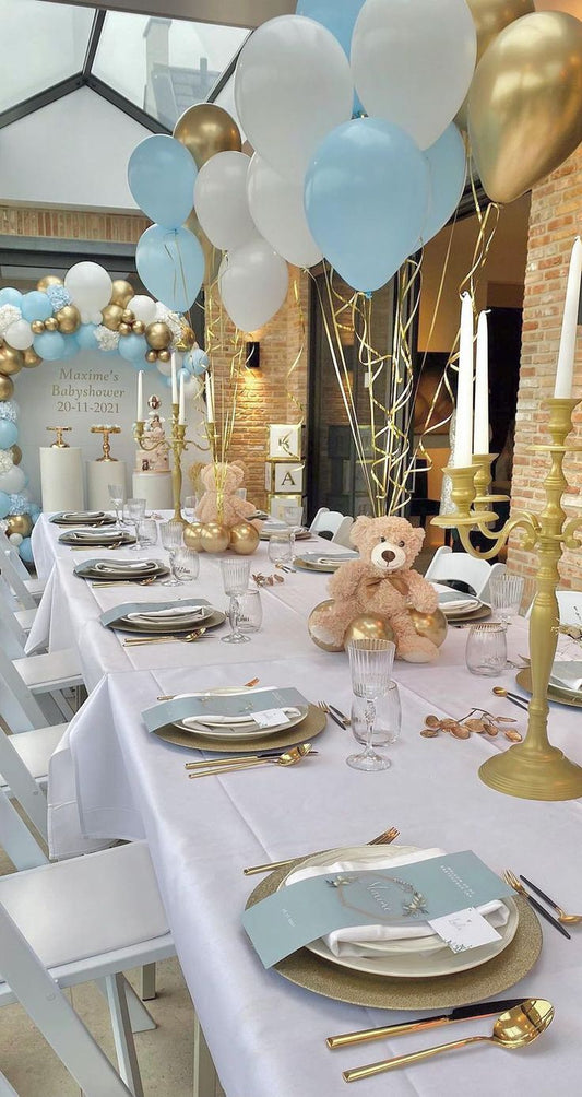 Teddy Bear Centerpieces with White, Light Gold and Blue Latex Helium Balloons with Gold Strings - Perfect for Special Occasions!