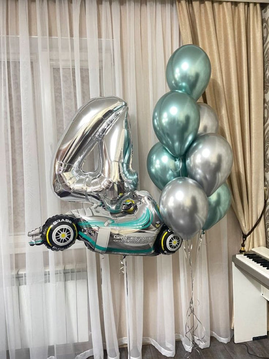 Helium Balloon Single Number Set of Silver Number ‘4’ Balloon with Racing Car with Latex Silver and Chrome Green Helium Bunch - Racing Car-Themed Perfect for any Occasions