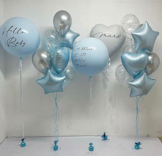 Personalised 36-inches Blue Latex and Customize Sticker, White Heart with Sticker and Bunch Helium Balloon Blue Heart and Star with Latex Clear with Confetti and Silver - Baby Shower, Gender Reveal, Birthday Perfect for Special Occasions!