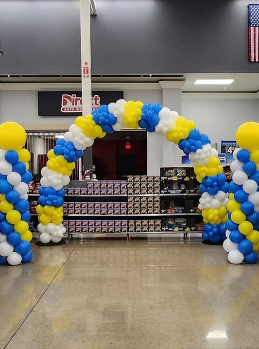 Balloon Arch White, Yellow and Blue with Customizable with Stickers Company Logo Pillar/Column/Tower - Corporate Event, Grand Opening, Company Event Perfect for special occasion!