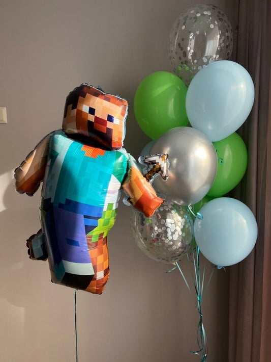 Balloons Silver, Blue, Clear with Confetti and Green Latex Helium Bunch with Minecraft Character Foil Helium - Minecraft-Themed Perfect for special occasions!