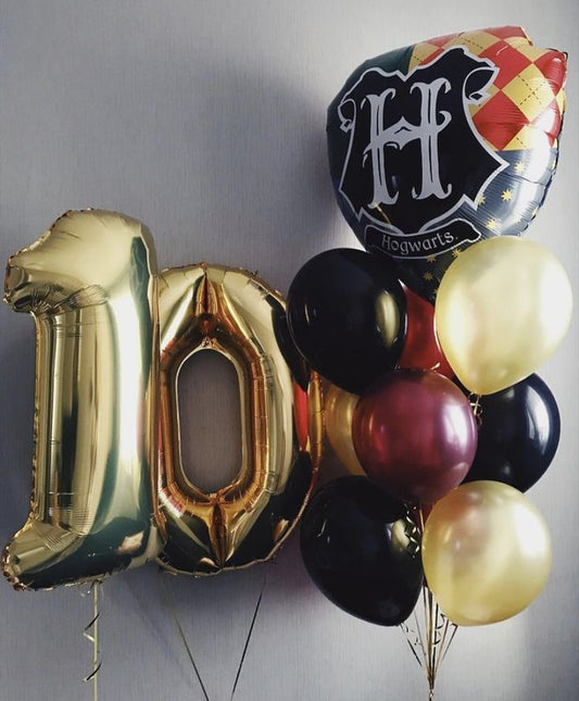 Helium Balloon Two Number Set of Gold Numbers ‘10' Balloon, Harry Potter Flag with Latex Helium Bunch Burgundy, Black and Yellow - Harry Potter-Themed Perfect for any Occasions