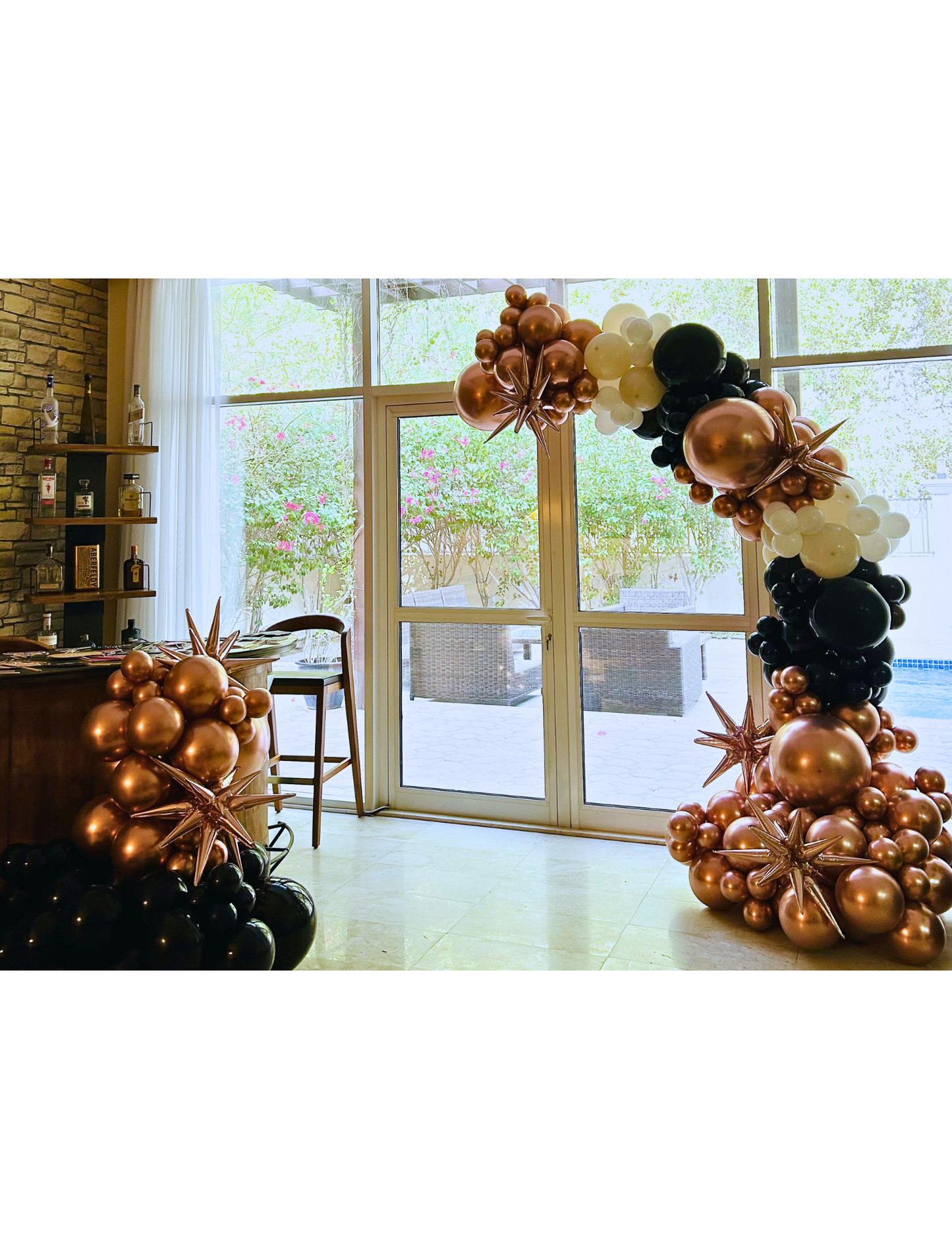 Rose Gold and Black Balloon Arch with Starburst Accents – Balloon Décor for Birthdays, Weddings, and Special Celebrations