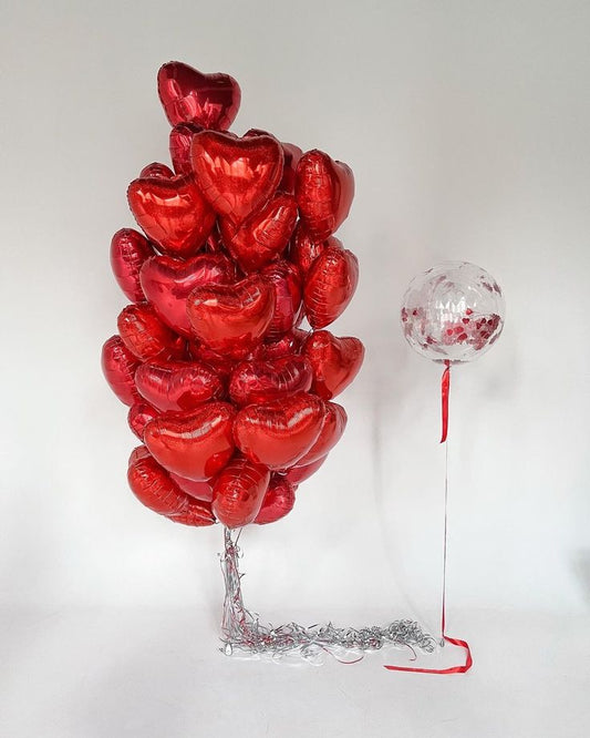 50pcs Red Heart-Shaped Helium Foil Balloons Bunch with Personalised Clear with Customize Sticker, Confetti and Ribbons - Valentine's, Anniversary Perfect for special occasions!