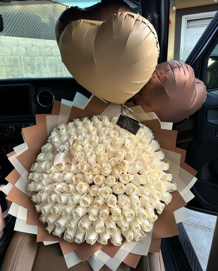 White Roses with Brown and Beige Heart-Shaped Foil Balloons - Floral Fresh Bouquet