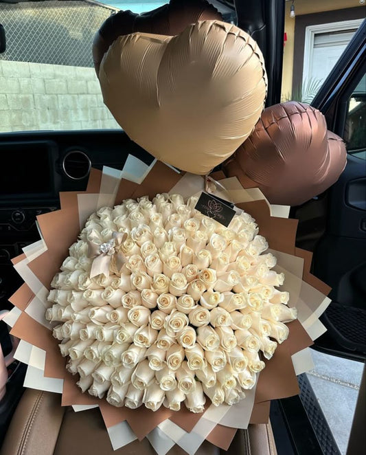 White Roses with Brown and Beige Heart-Shaped Foil Balloons - Floral Fresh Bouquet