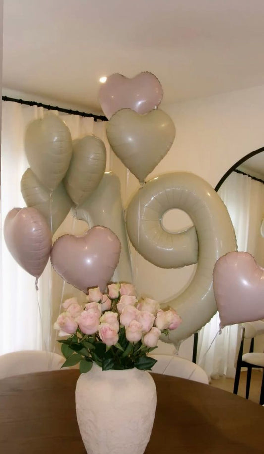 Helium Balloons Two Number Set Beige '19' with Foil Heart-Shaped Beige and Pink - Perfect for any Occasions!