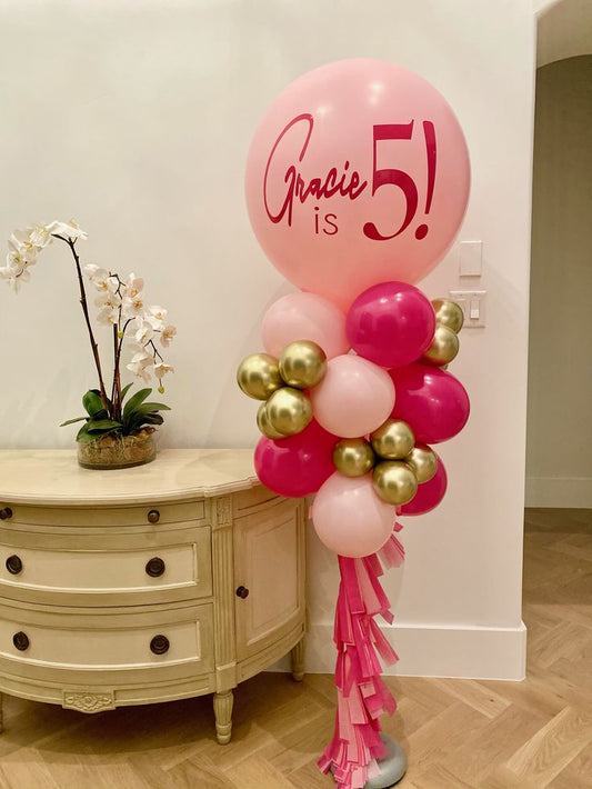 Personalised Pillar/Column/Tower Balloons Pink and Light Gold with Customize Sticker and Tassels - Birthday, Corporate Event, Grand Opening, Company Event Perfect for special occasion!