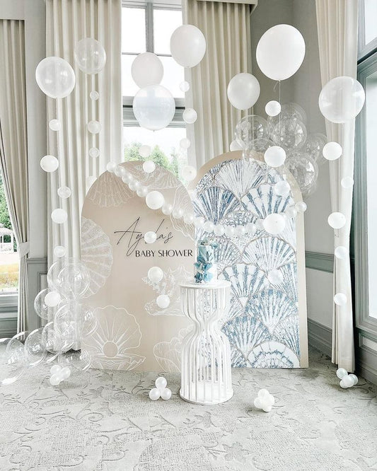 Light Blue Baby in Bloom with Cotton-Themed Customize Backdrop and Balloons Blue White Green  Themed Birthday Party