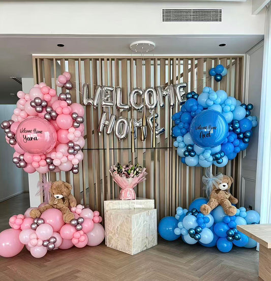 2 Pieces Hospital or Home Welcoming Baby Balloon Teddy Bear with Customize Sticker Balloons Dusty Blue Light Gold Beige - Perfect for special occasions Baby Shower Welcome Baby Newborn