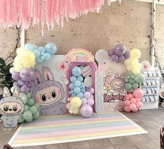 Customizable Board Backdrop with Balloon Yellow, Purple, Green, Blue and Pink with Labubu Characters Standee - Labubu-Themed Perfect for special occasion