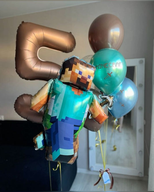 Helium Balloon Single Number Set of Brown Number ‘5’ Balloon with Minecraft Character Foil and Latex Chrome Green, Brow, Clear with Confetti and Chrome Blue Helium Bunch - Minecraft-Themed Perfect for any Occasions