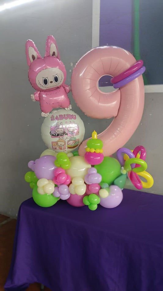 Platform Pink Number '9' with Latex Green, Yellow, Purple and Pink with Labubu Balloons – Labubu-Themed Customizable Design