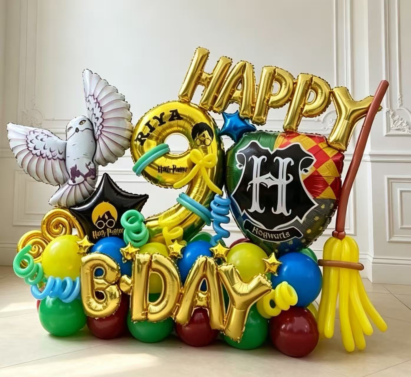 Platform Single Number Set of Gold Number ‘9’ Balloon Harry Potter Character Witch Hat and Gold Star with Customize Sticker with Latex Helium Bunch White Gold and Clear with Confetti