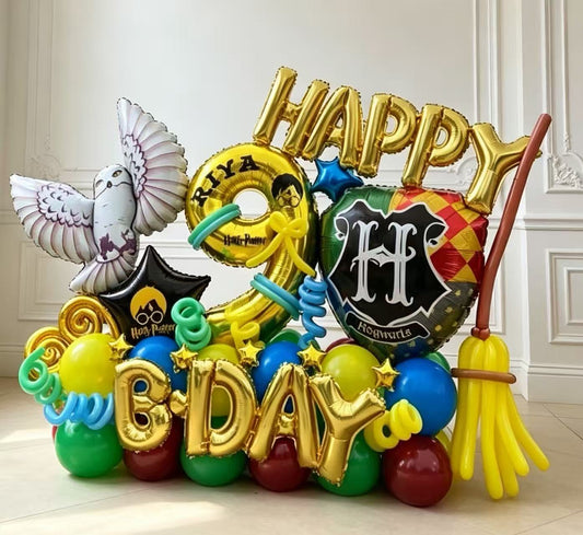 Platform Single Number Set of Gold Number ‘9’ Balloon Harry Potter Character Witch Hat and Gold Star with Customize Sticker with Latex Helium Bunch White Gold and Clear with Confetti