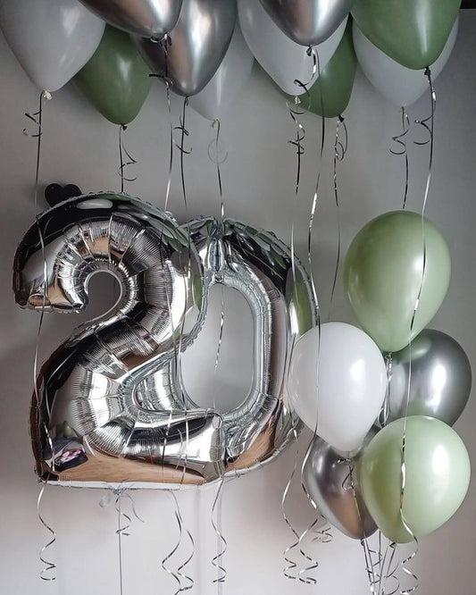 Helium Balloons Two Number Set Silver '20' and Latex Bunch Olive Green, White and Silver - Perfect for any Occasions!