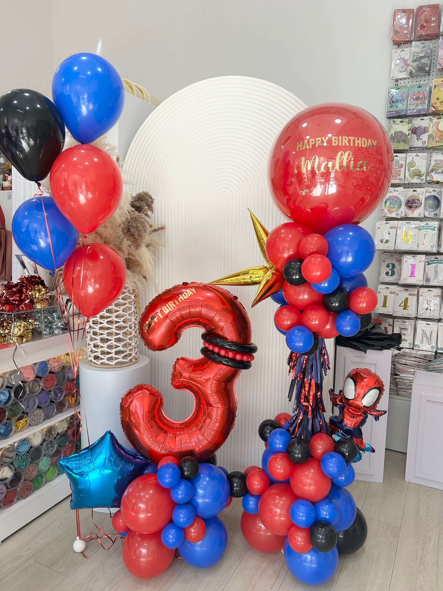 Pillar/Column/Tower Blue Red Black with Customize Sticker Tassels Star Foil Spiderman Themed - Marvel-Theme Superhero Customizable Design