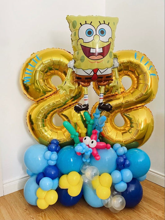 Platform Gold Number '88' Customize Sticker with Spongebob accents and Yellow and Blue Balloon - Spongebob-Themed Perfect for Any Milestone Celebrations!